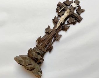 Antique Black Forest Carved Wood Crucifix, Broken Jesus, 12" Tall, Please Read Details