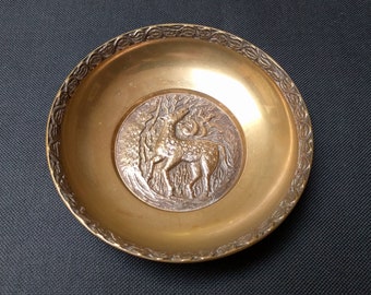 Vintage Korean Brass Deer/Bird Dish for Candy, Rings, Nuts, etc., 5" Diameter