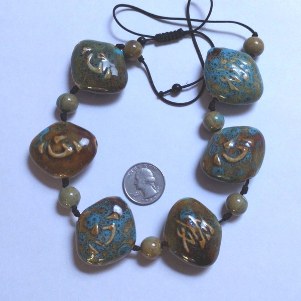 Ceramic Bead Chinese Character Statement Necklace, "Loving Heart", 13" Drop, Adjustable, Huge Beads