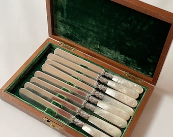 Boxed Set of 8 Antique Bunde & Upmeyer Knives, Sterling Silver Ferrules, MOP Handles Engraved "MB", Light Wear