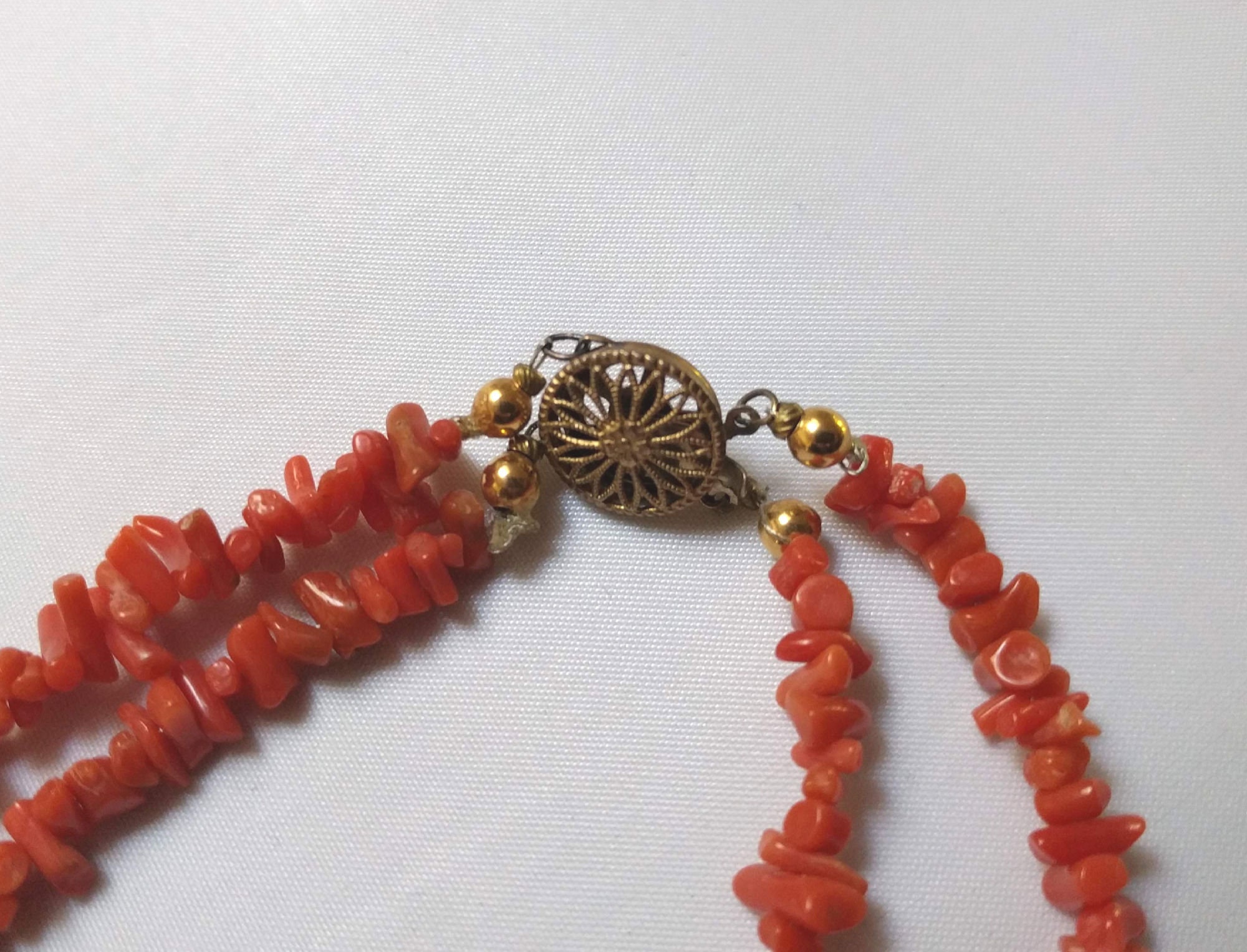 Collier Vintage En Corail Orange – 2 Rangs – Années 1940-50 – Longueur 36-40 Cm
