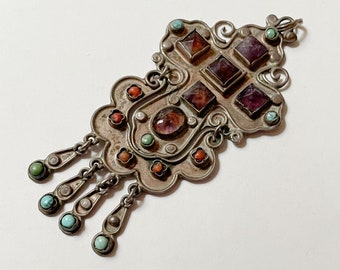 Large Matl-Style Mexican Sterling Silver Cross Pendant with Stones, 3.5" Long