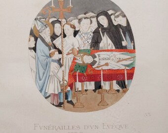 Antique "Funerailles d'un Evegue" Hand-Colored Lithograph, Plate 53, Made in Italy, Framed, 10.75" Tall