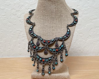 Mexican Matl-Style Sterling Silver Statement Choker Necklace with Stones, 119 Grams, Ships with Signature Confirmation