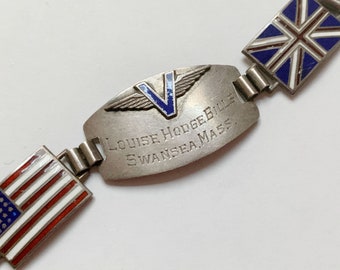 Scarce WWII Sweetheart Allied Flags Sterling Silver and Enamel Bracelet, Engraved, 17.5 Grams, 7.25" Long