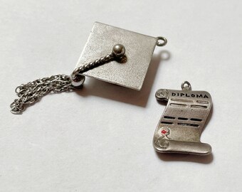 2 Vintage Sterling Silver Graduation Charms (Cap, Diploma), 3 Grams Total, for Charm Bracelet