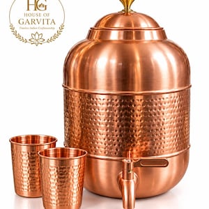 Vattendispenser i ren koppar 4L med 2 hamrade glas, vattenkanna i ren koppar med kran, indiskt dryckesset, ayurvedisk kökspresent