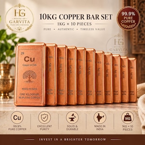 May include: A set of ten 1kg copper bars totalling 10kg, each stamped with 99.9% purity, the chemical symbol Cu, and a tree emblem. The bars are labelled Made in India and One Kilogram. The set is presented with text detailing 99.9% pure copper.