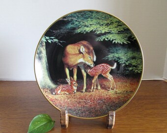 Vintage Porcelain Doe and Fawns Collectible Plate  Happy Hour By Artist Edward Bierly 1991