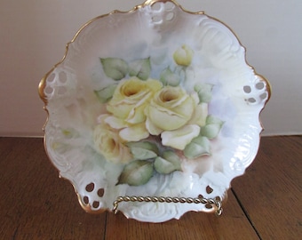 Antique China Dish with Yellow Roses  Cut Out Rim  Trinket Dish