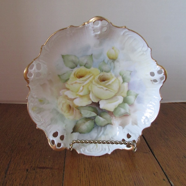 Antique China Dish with Yellow Roses  Cut Out Rim  Trinket Dish