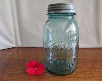 Vintage Ball Quart Canning Jar Aqua Blue Ribbed Zinc Lid