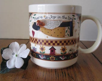 Vintage Ceramic Folk Art Angel Mug  There is Joy in the Lord  Religious Theme