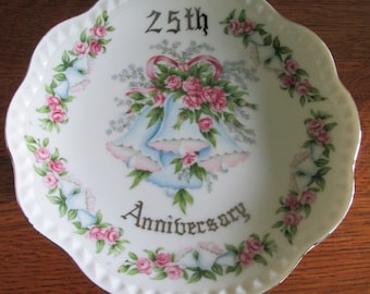 Vintage Small China Cake Stand 25th Wedding Anniversary  Norcrest Fine China