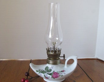 Vintage Miniature Hurricane Lamp Pink Roses  Knick Knacks  Home Decor  Aladdin's Lamp