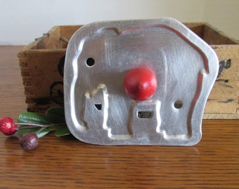 Vintage Elephant Cookie Cutter  Red Wood Handle Mid Century Kitchen