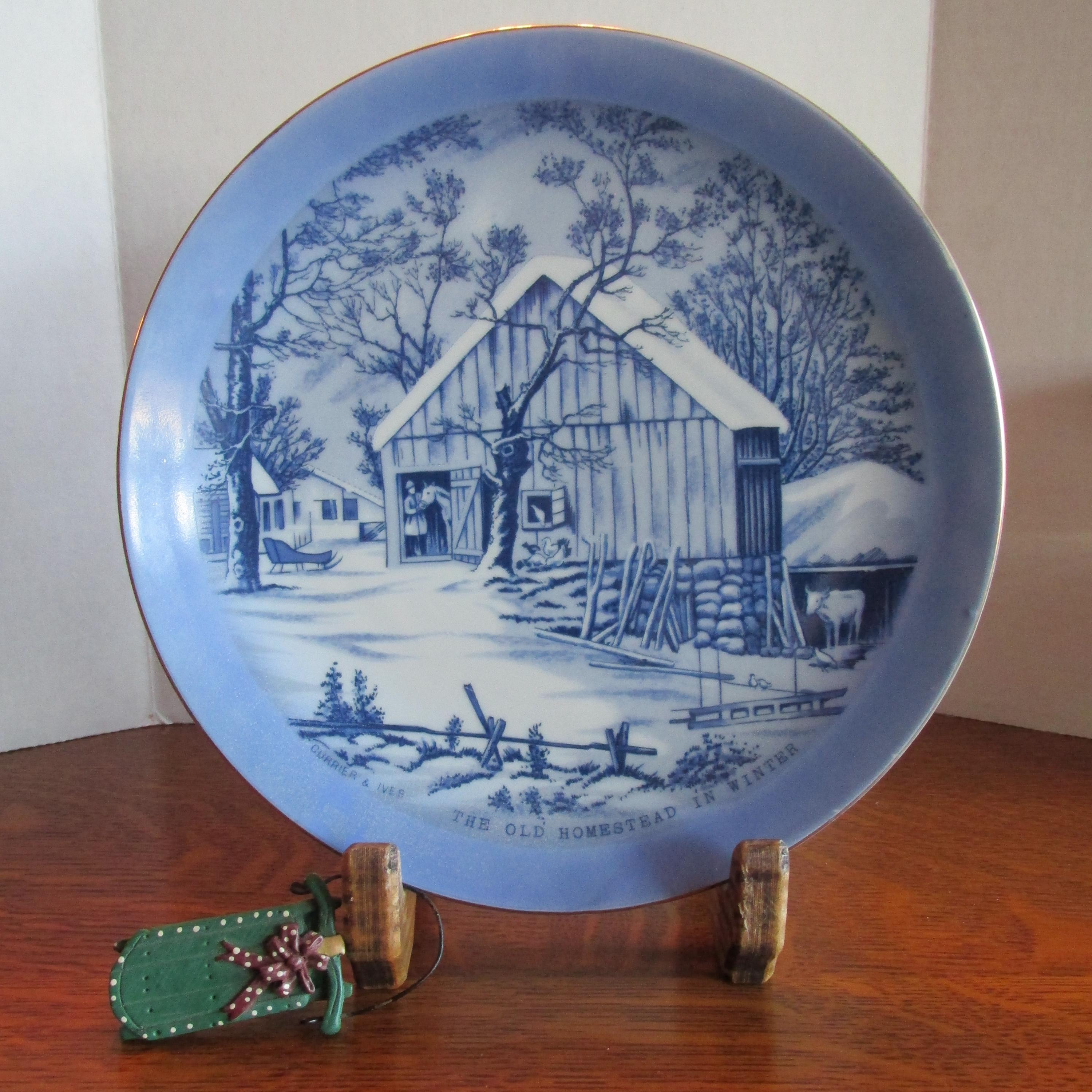 Vintage Blue and White Currier & Ives Plate the Old Homestead in