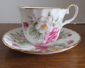 Vintage Bone China Tea Cup & Saucer Pink and White Roses  Regency China England