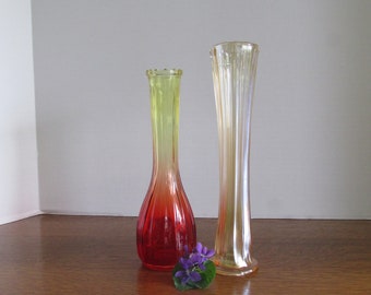 Vintage Pair Tall Glass Vases Carnival Glass Depression Era Bud Vase