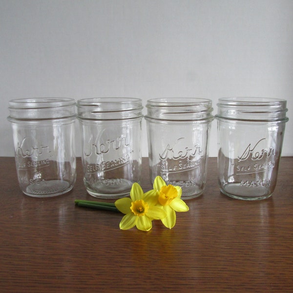 Vintage Set 4 Kerr Mason Jelly Jars  Self Sealing 8 oz 1 cup  No Lids or Rings