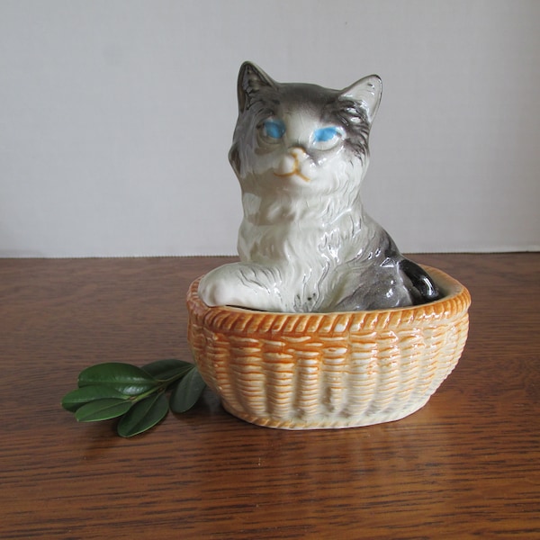 Vintage Kitten in a Basket Figurine Made in Japan  Please Read Description