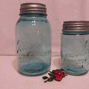 Vintage Pair Aqua Blue Ball Canning Jars  Pint & Quart Ball Zinc Lids