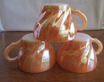 Vintage Trio Fire King Child&#39;s Tea Cups  4 oz  Peach Lustre