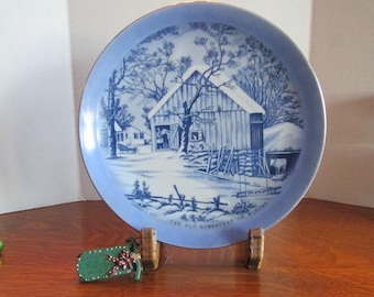 Vintage Blue and White Currier & Ives Plate  The Old Homestead in Winter  8 3/8 Diameter