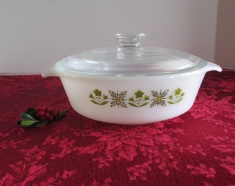 Vintage Milk Glass Fire King Casserole Dish & Lid  One Quart Anchor Hocking Meadow Green Pattern