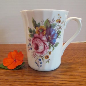 Vintage Fine Bone China Mug with Multicolored Flowers  8 oz   Made in England