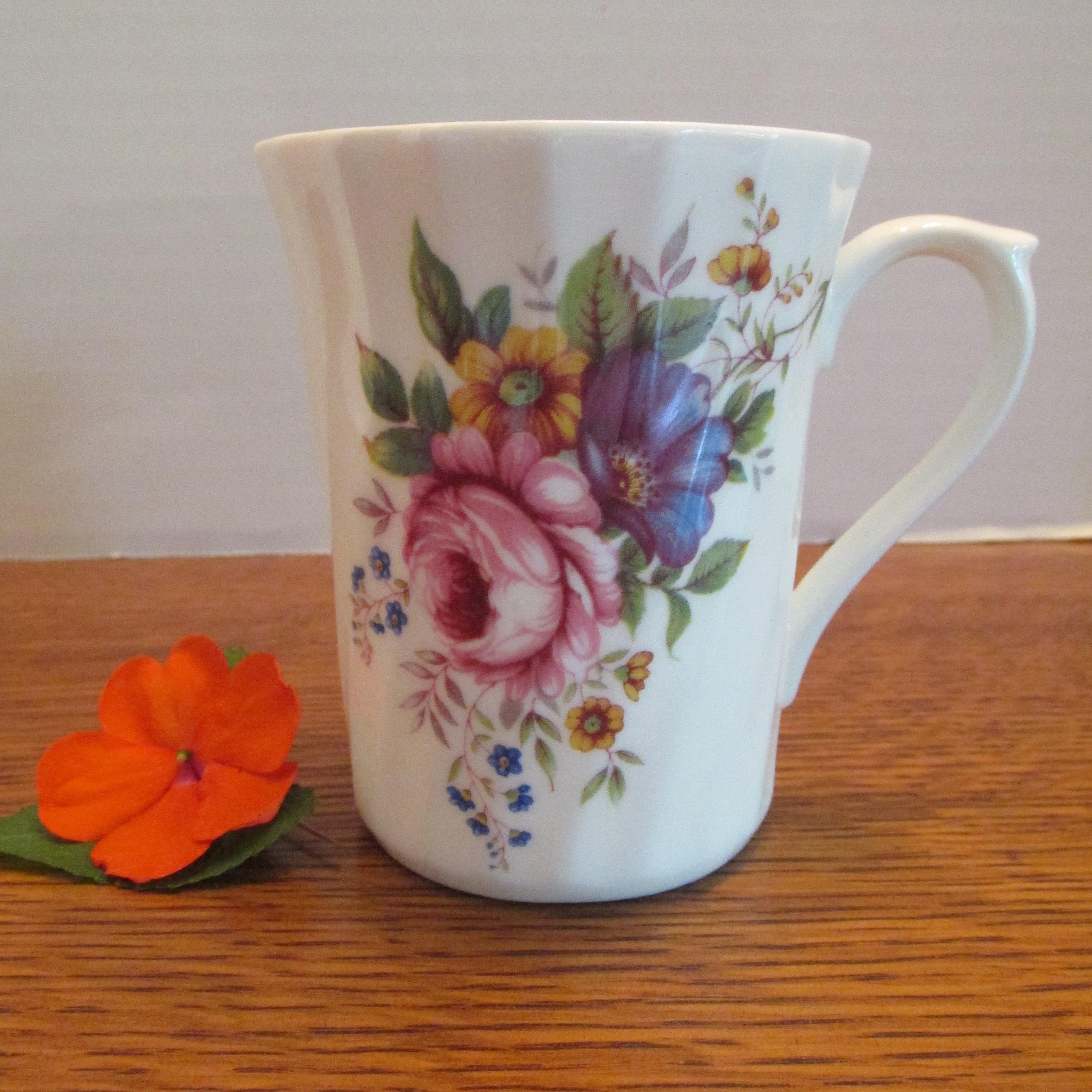 Vintage Fine Bone China Mug with Multicolored Flowers  8 oz   Made in England