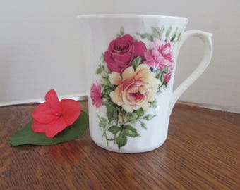 Vintage Fine Bone China Mug Pink Red & Yellow Roses Made in England 8 oz