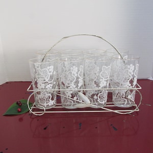 Mid Century Set Eight Glass Tumblers with Metal Carrying Caddy  Water Glasses 10 oz