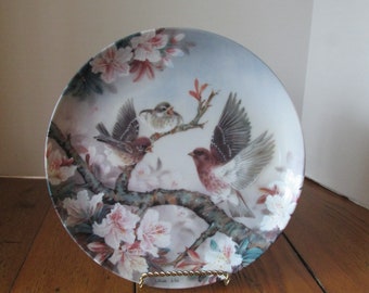 Vintage Purple Finch Family Collectible Plate  By Artist Lena Liu 1990