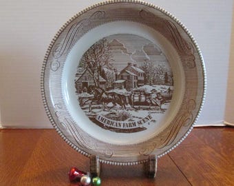 Vintage Ceramic American Farm Scene Pie Plate 10 Inches   Currier & Ives  Royal China Jeannette Corp USA