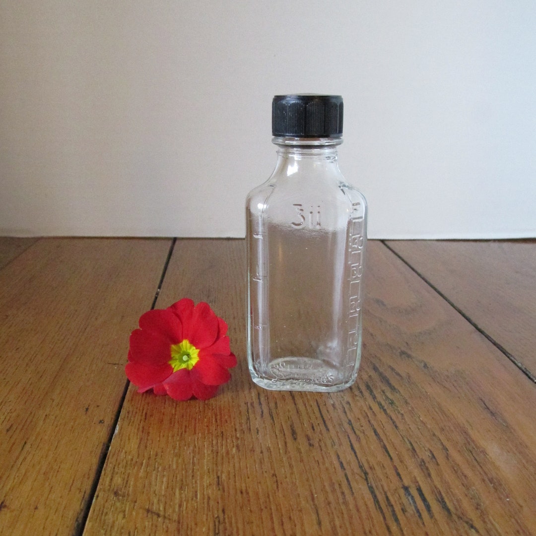 Vintage Small Glass Medicine Bottle With Black Cap 2 Oz