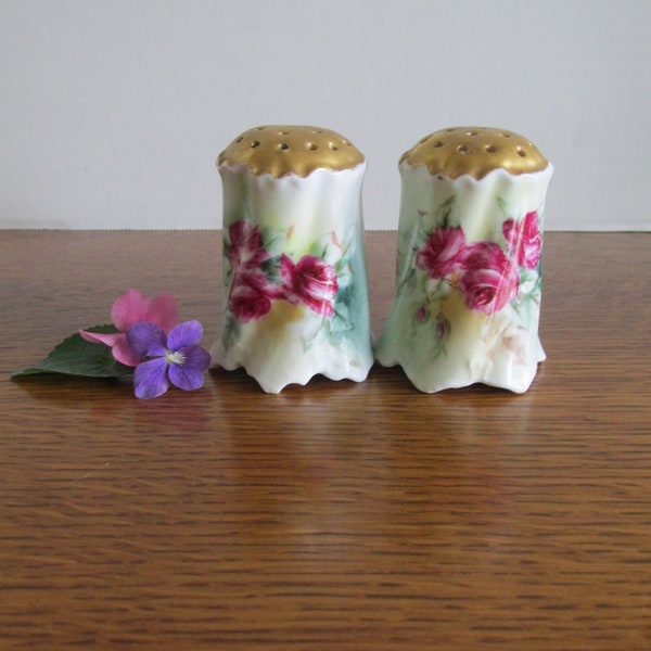 Antique China Salt and Pepper Shakers Pink Roses  Hand Painted