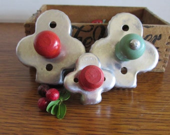 Vintage Trio Club Cookie Cutters Wood Handles Red & Green Mid Century Kitchen