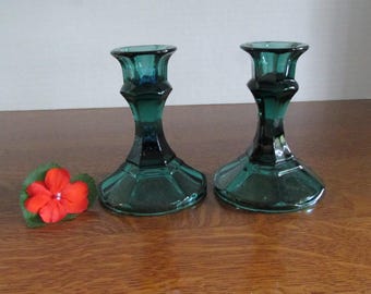 Vintage Pair Aquamarine Glass Candlestick Holders  4 Inches Tall
