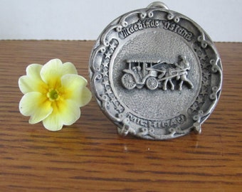 Vintage Miniature Metal Mackinac Michigan Island Souvenir Plate 1 3/4 Inches in Diameter