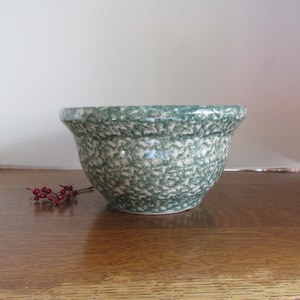 May include: A green and white speckled ceramic bowl with a wide rim. The bowl is set on a wooden surface, with a sprig of red berries to the side. The bowl's exterior has a textured appearance.