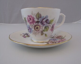 Vintage Duchess Tea Cup & Saucer  Bone China Floral Purple Pink  England