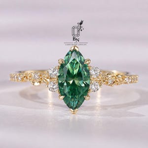 2CT Fancy Green Marquise Lab Grown Diamond Ring, Nature Inspired Engagement Ring, Floral Vine Cluster Ring