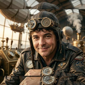 Op de afbeelding: Een donkerbruine leren vliegeniersmuts met messingkleurige steampunk-bril, voorzien van gedetailleerde tandwielen en filigraanwerk. De bril met dubbele glazen wordt over de muts gedragen, die is uitgerust met zijdelingse oorflappen.