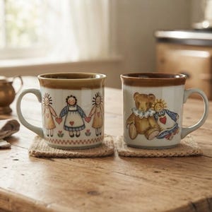 May include: Two ceramic mugs with brown rims and white bodies. One mug features a repeating illustration of three figures holding hands with red hearts. The other mug displays a brown teddy bear sitting next to a doll with a red heart on its dress.