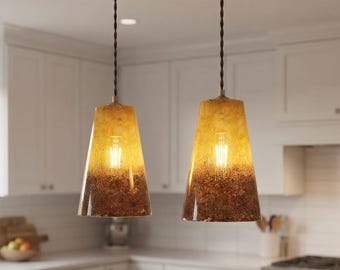 Vintage Hand Blown Glass Pendant Light Shades Pair Amber Brown Gradient Ombre