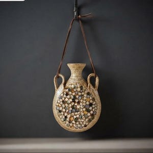May include: A beige ceramic vessel with a narrow neck and two side handles, featuring a textured mosaic of small, multi-colored stones embedded on the front surface. A thin brown leather strap is attached to the handles for hanging.