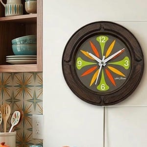 Vintage 1970s Starburst Wall Clock, Retro Avocado Green and Burnt Orange Decor, Mid-Century Atomic Kitchen Clock