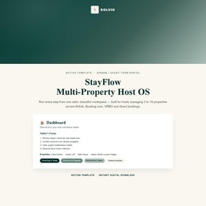 Puede incluir: Una plantilla digital de Notion titulada StayFlow Multi-Property Host OS para gestionar alquileres a corto plazo. La interfaz muestra un panel con una lista de Today's Focus, nombres de propiedades y botones de estado.