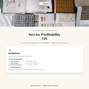 Puede incluir: Una plantilla digital de Notion para la rentabilidad de servicios de diseño de interiores con un panel que muestra métricas de salud de proyectos para Hudson Residence, Lakeview Styling y Park Avenue Renovation sobre muestras de tela.